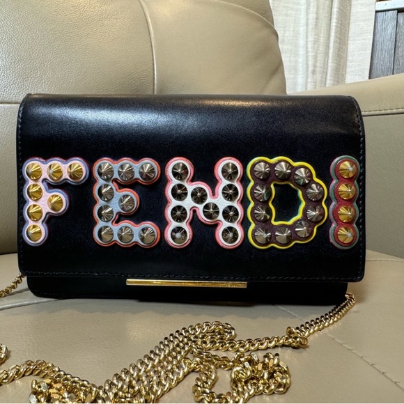 Fendi Fun Fair Black/Multicolor Studded Crossbody Logo WOC - Picture 2 of 14